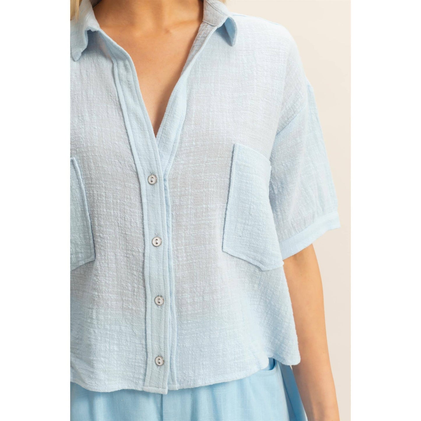 Sky Button-Front Crop Shirt