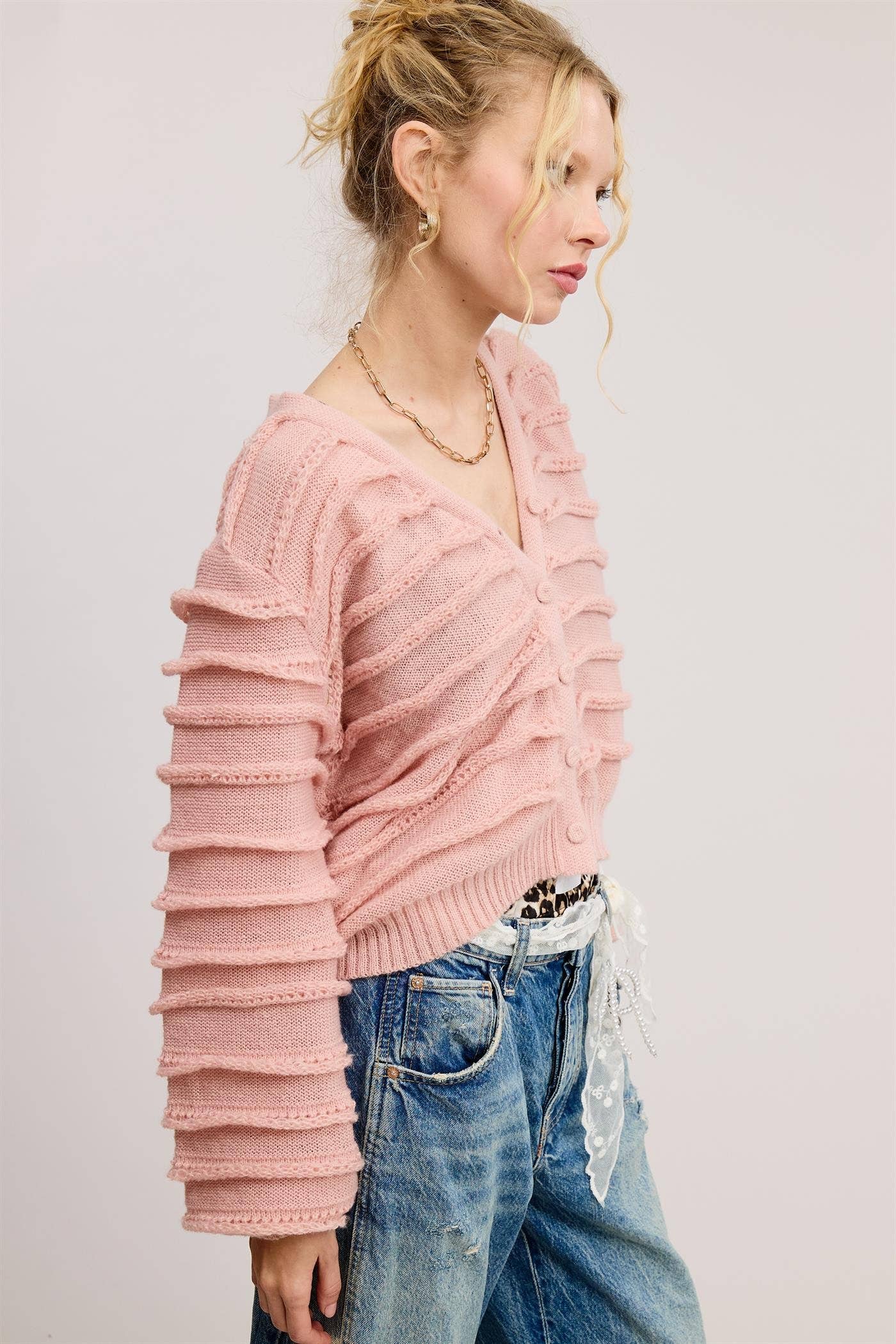 Ruffle Knit Button Front Cardigan
