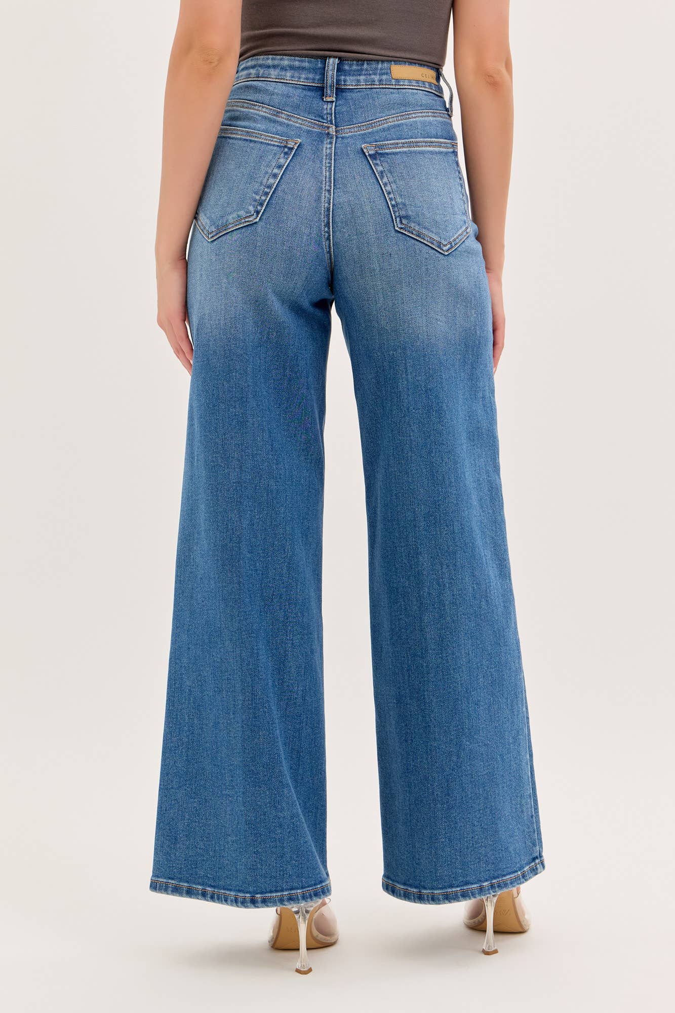 Stretch High Rise Wide Leg Jeans Medium Denim