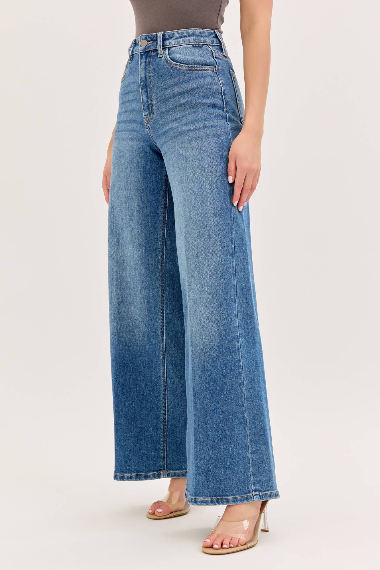 Stretch High Rise Wide Leg Jeans Medium Denim