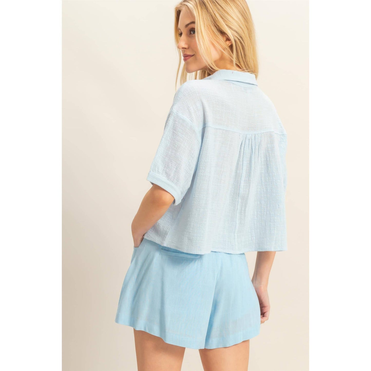 Sky Button-Front Crop Shirt