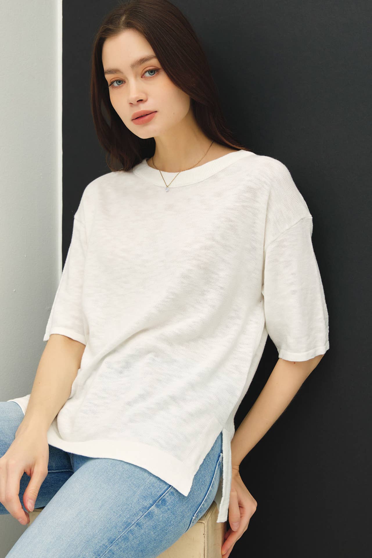SHORT SLEEVE COTTON SLUB TOP