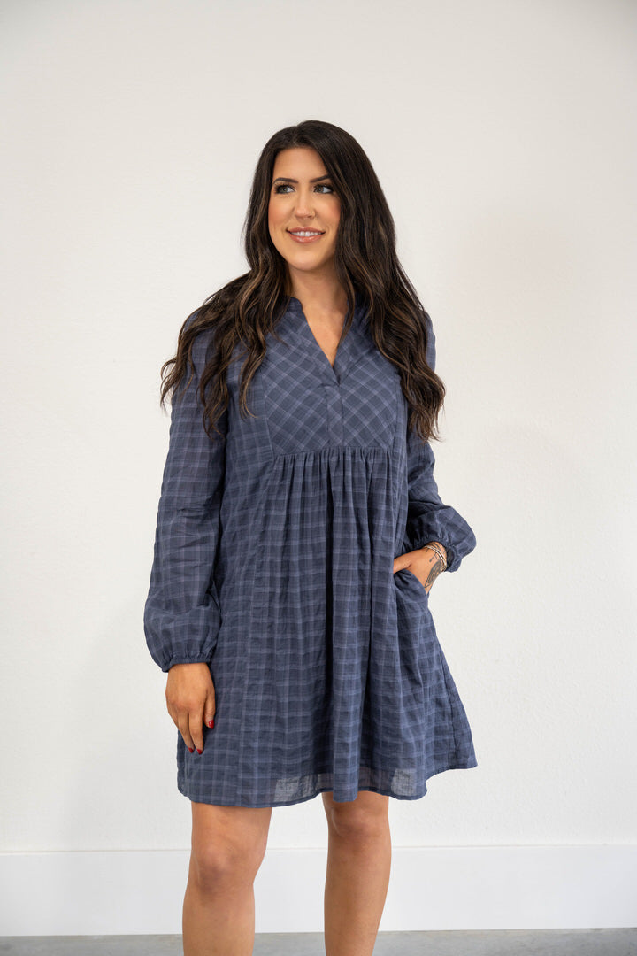PLAID PUFF LONG SLEEVE MINI DRESS