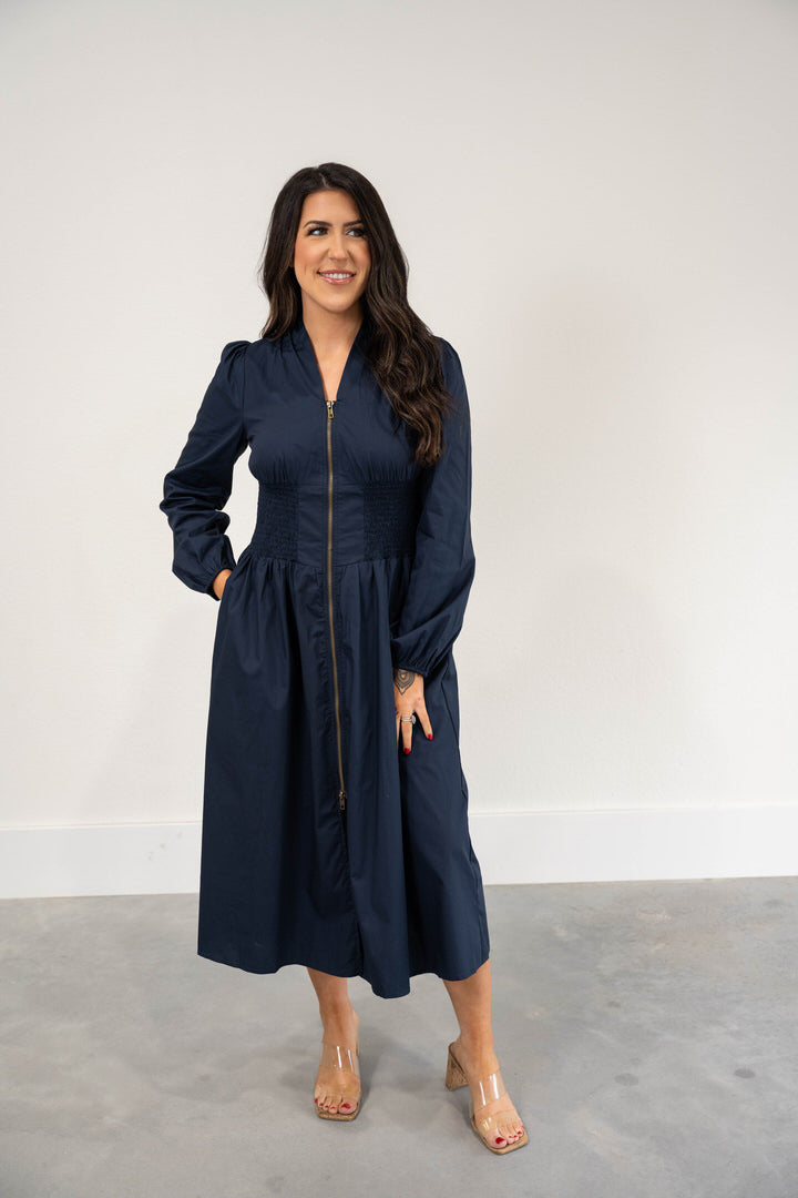 Smocked Waist Zip-Front Midi Dress