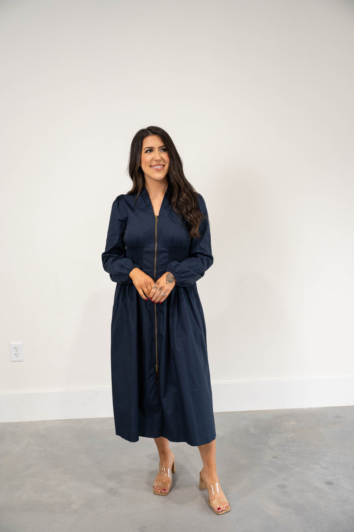 Smocked Waist Zip-Front Midi Dress