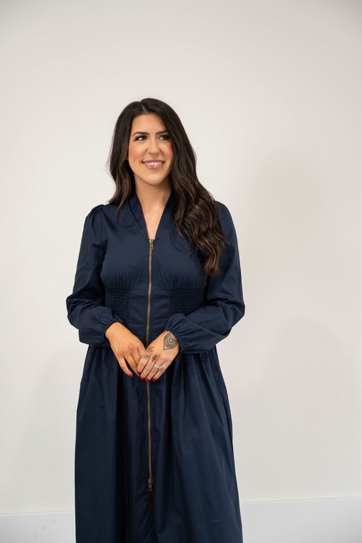 Smocked Waist Zip-Front Midi Dress