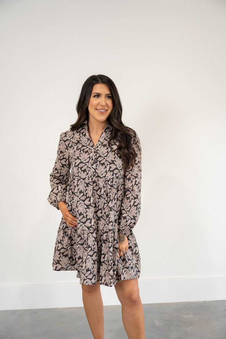 LEAF PRINT HALF BUTTON DRESS