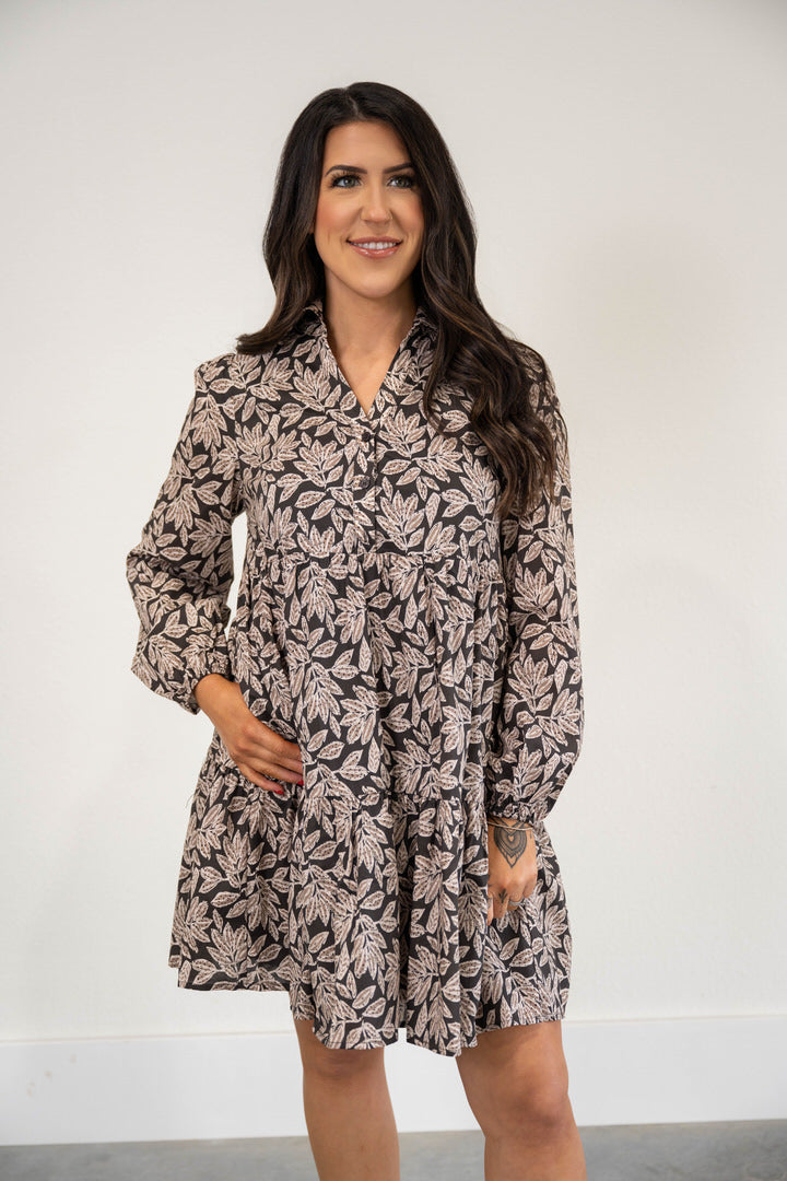 LEAF PRINT HALF BUTTON DRESS
