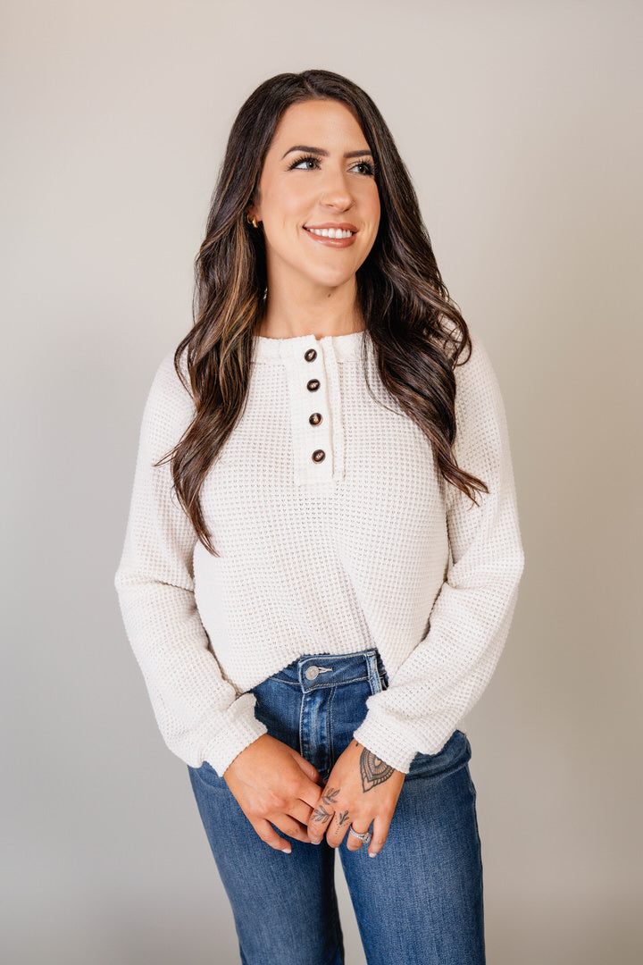 Waffle Sleeve Henley Blouse