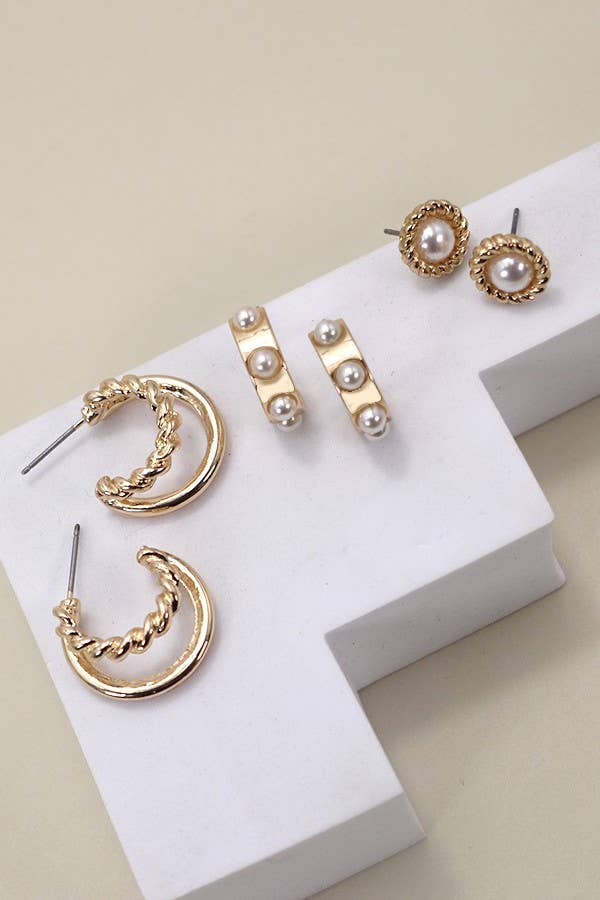 GOLD PEARL HOOP STUD TRIO