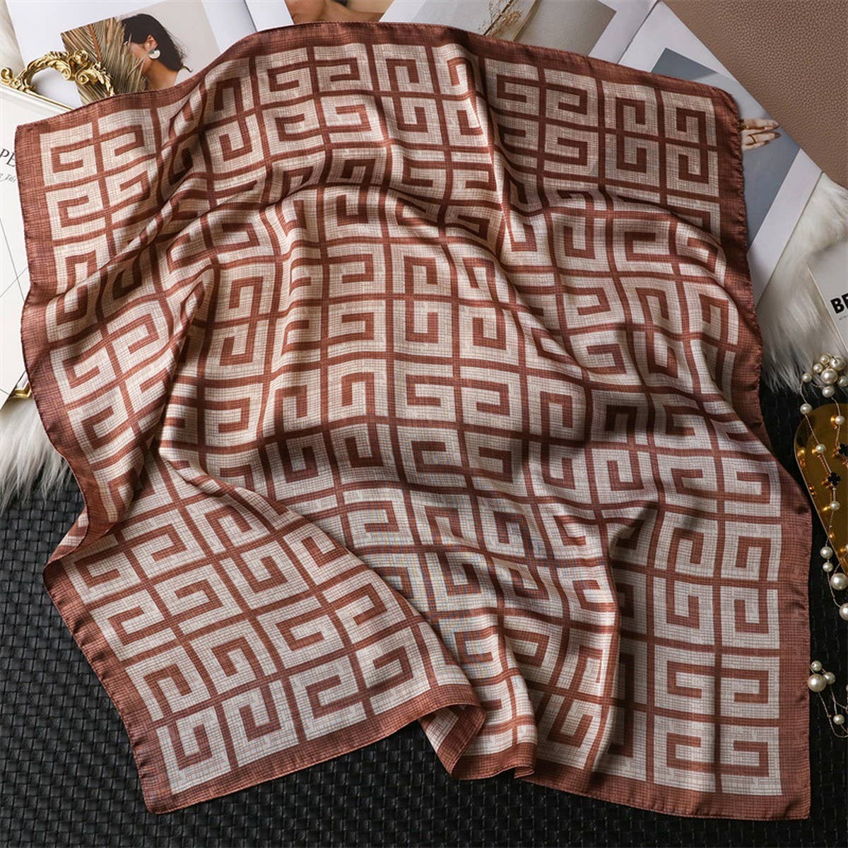 Brown Print Square Scarf
