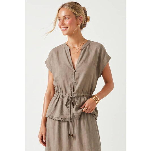 Scallop Hem Drawstring Linen Blouse