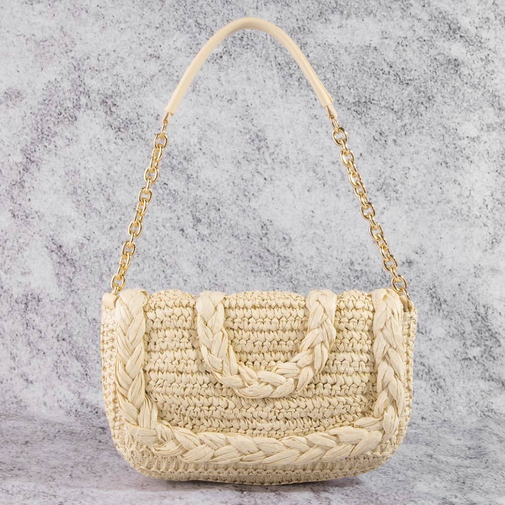 Woven Raffia Flap Shoulder Bag CREAM