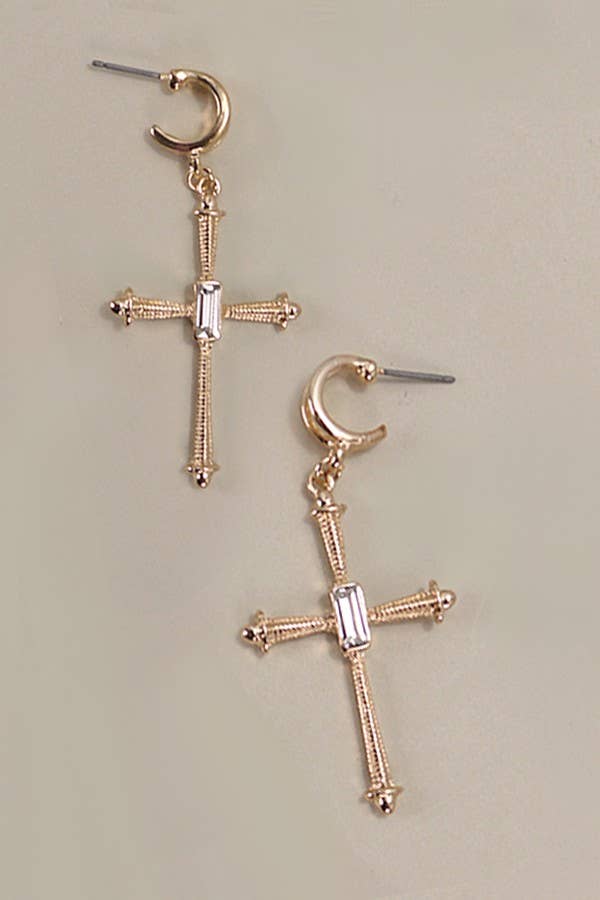 CROSS RHINESTONE HUGIE HOOP EARRINGS