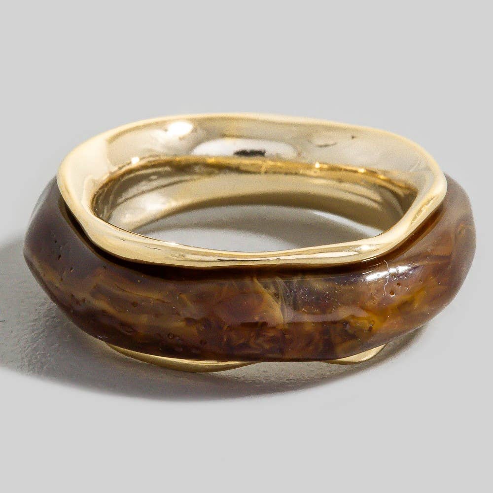 Metallic Lined Warped Shape Amber Acrylic Band Ring