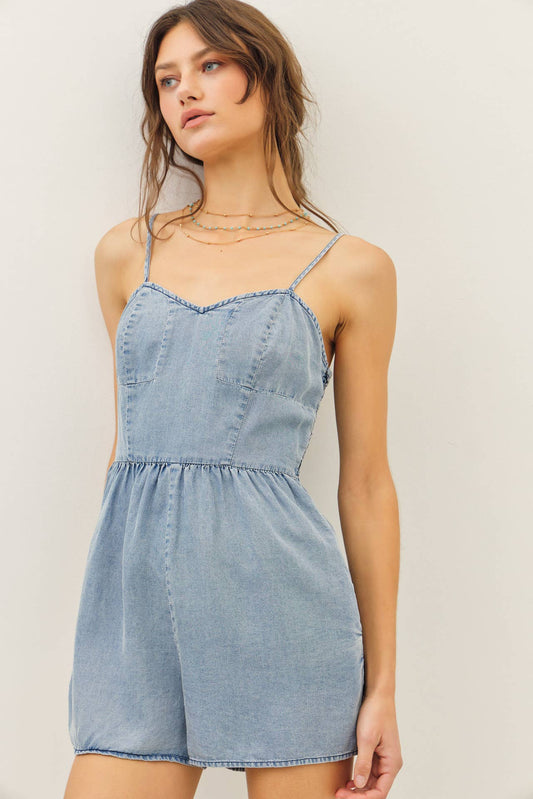 DENIM ROMPER WITH SMOCKED BACK