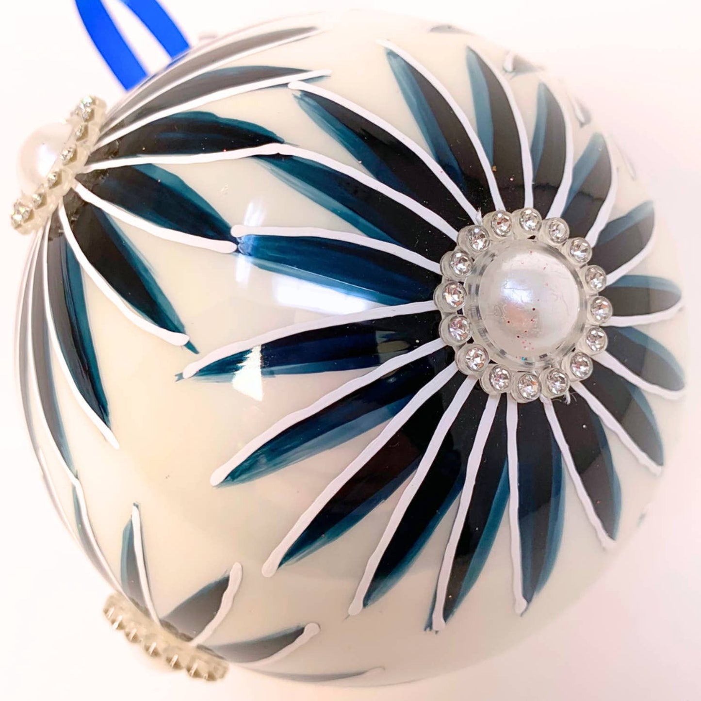 Blue Daisy Pearl Glass Christmas Ornament 4"