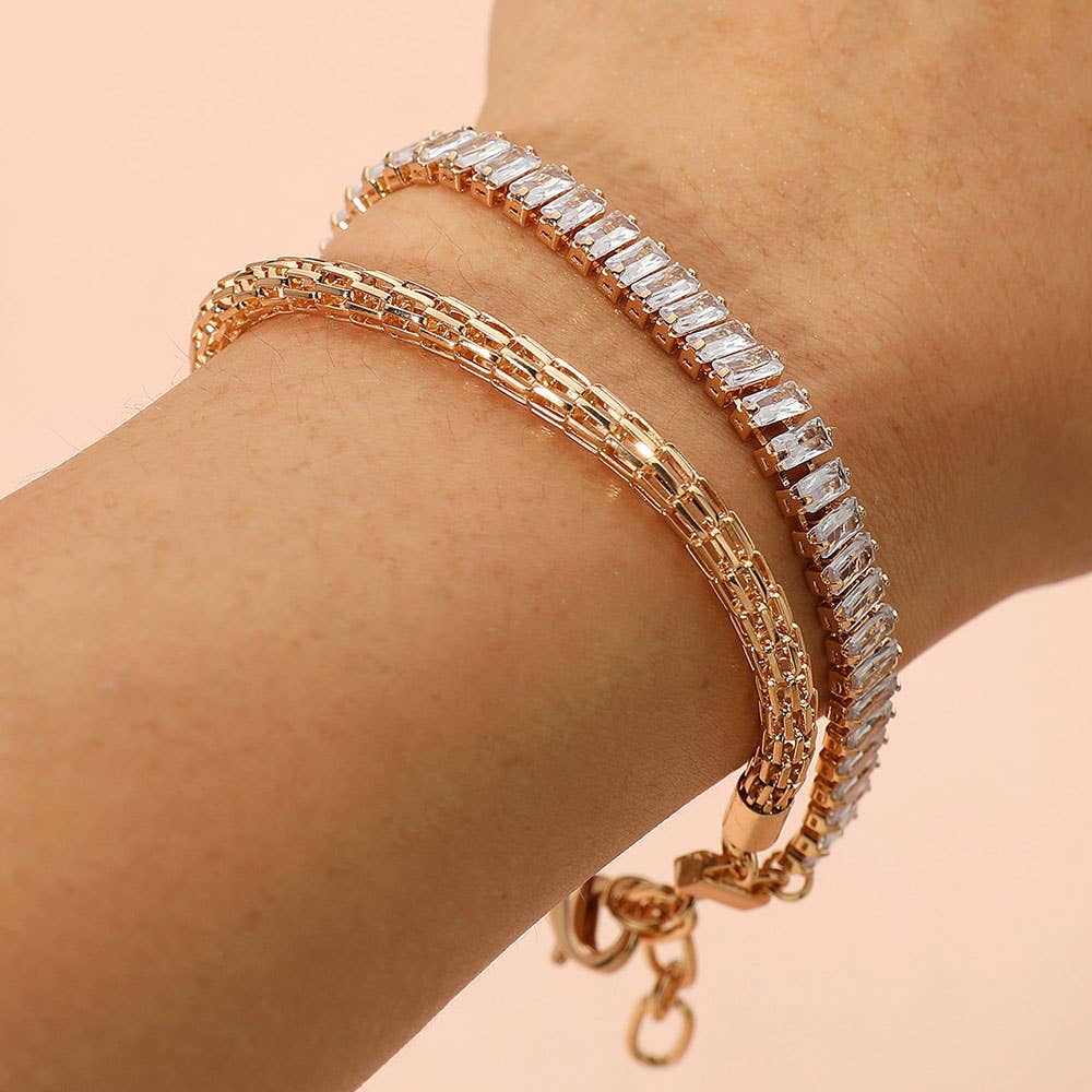 Baguette Stone Mesh Chain Layered Bracelet