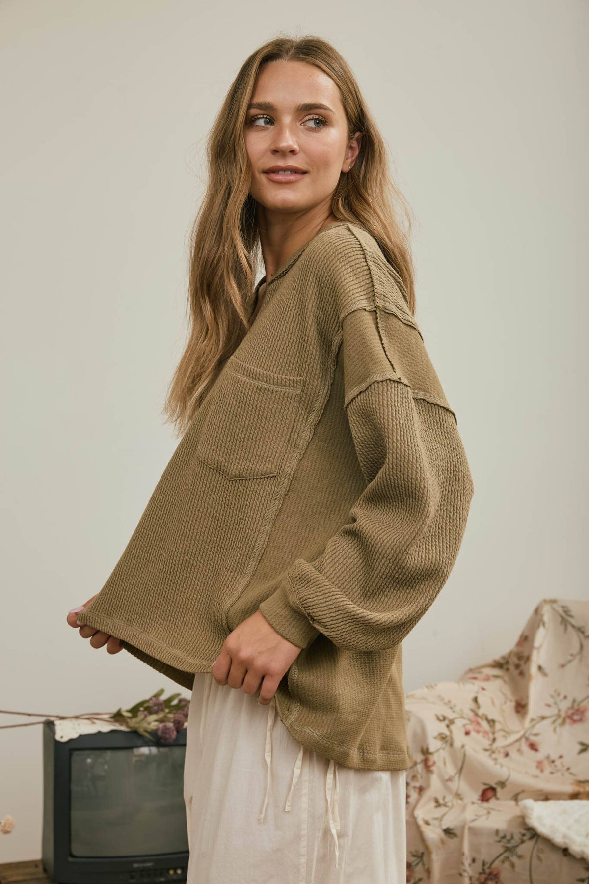 Olive Split Neck Top