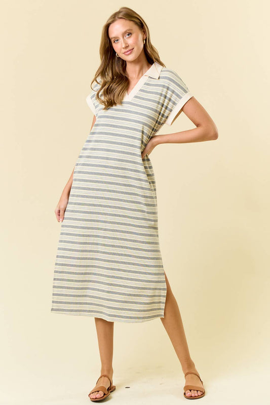 Striped Midi Dress W/ Side Pockets & Slit