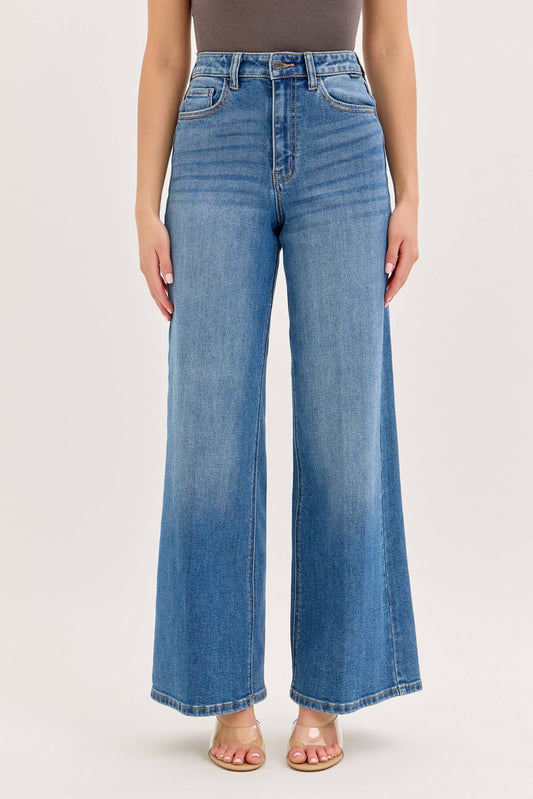 Stretch High Rise Wide Leg Jeans Medium Denim