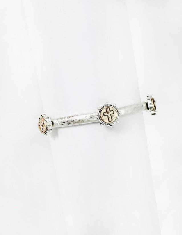 Worn Silver Textured Bracelet with Gold Stamped Cross Coin Stretch Bracelet