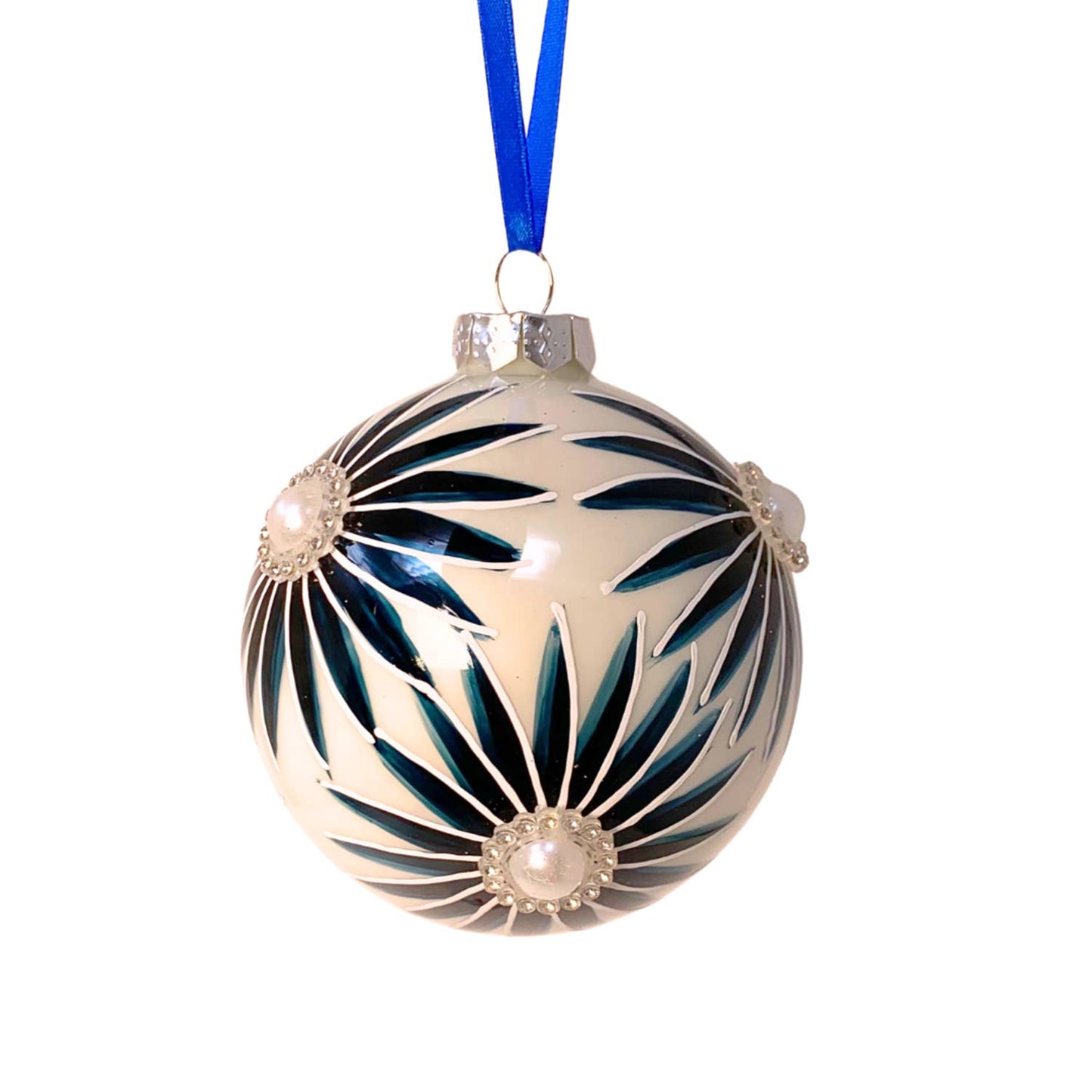 Blue Daisy Pearl Glass Christmas Ornament 4"