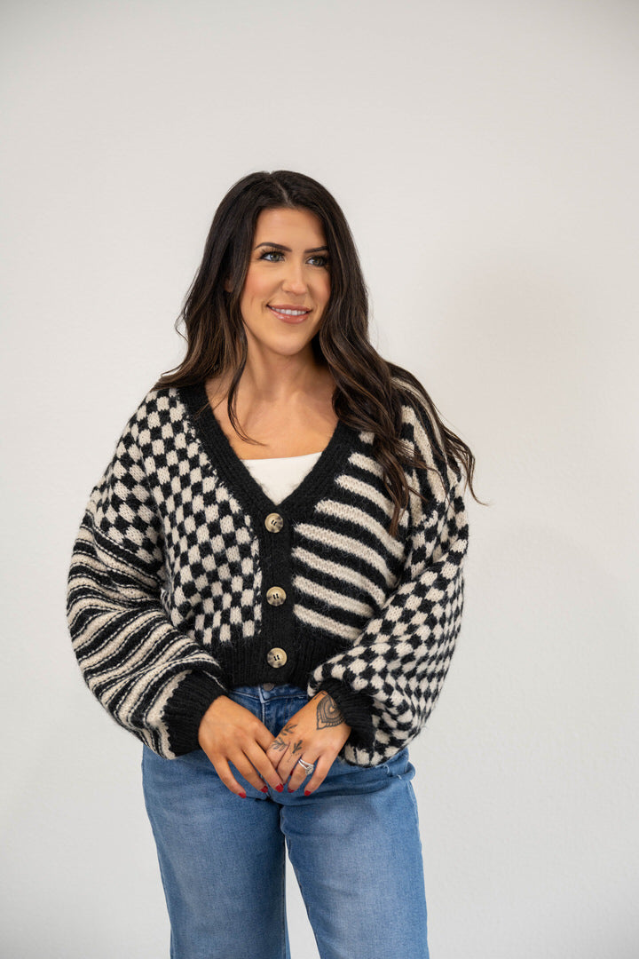 STRIPE+CHECKERED KNIT CARDIGAN