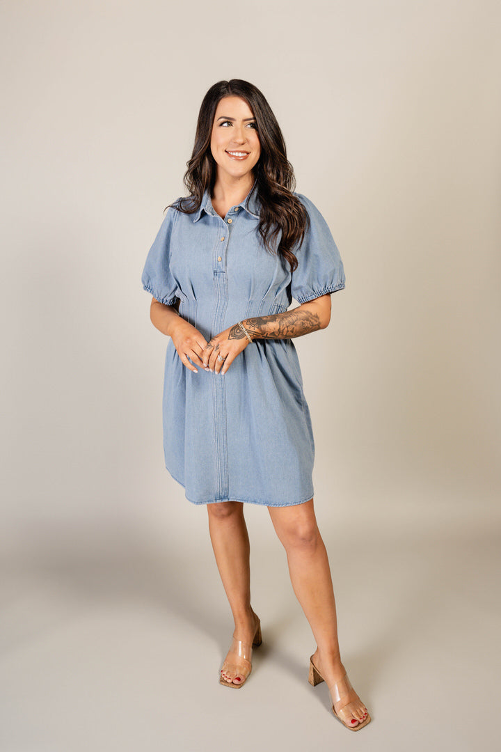 Denim Button Down Dress with Bubble Sleeve