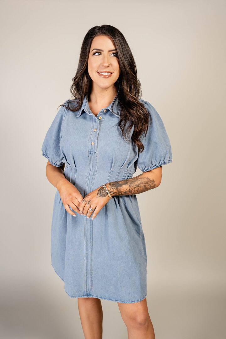 Denim Button Down Dress with Bubble Sleeve