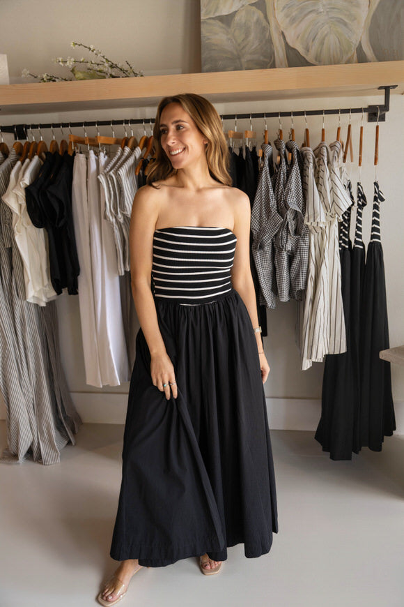 Striped Strapless Midi Dress