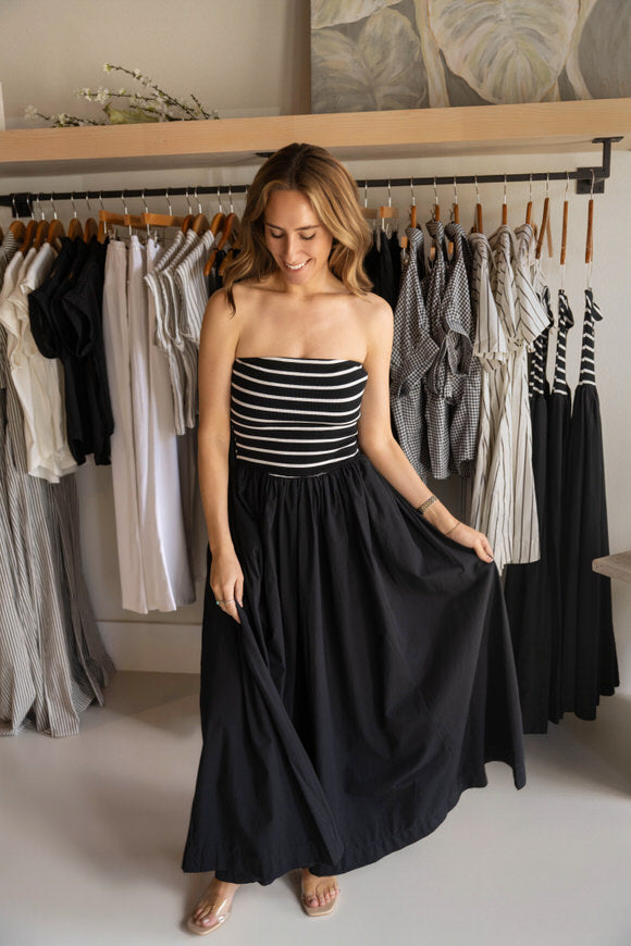 Striped Strapless Midi Dress