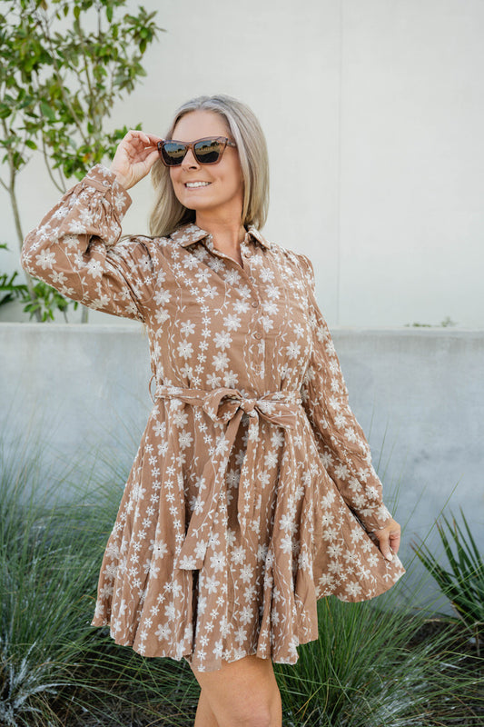 FLORAL EMBROIDERY BUTTON DOWN FLARED MINI DRESS