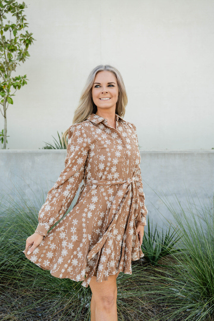 FLORAL EMBROIDERY BUTTON DOWN FLARED MINI DRESS