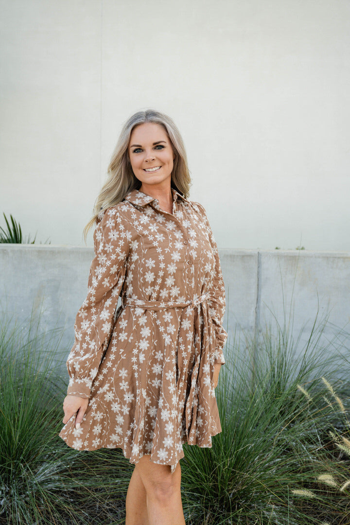FLORAL EMBROIDERY BUTTON DOWN FLARED MINI DRESS