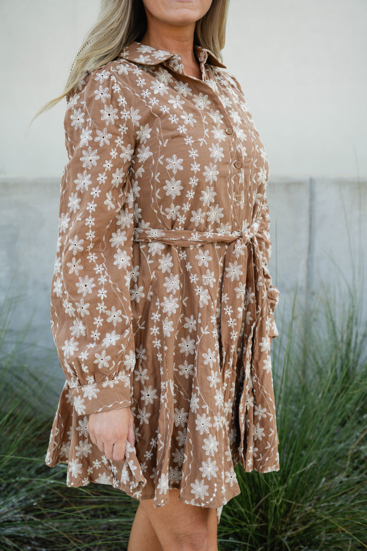 FLORAL EMBROIDERY BUTTON DOWN FLARED MINI DRESS