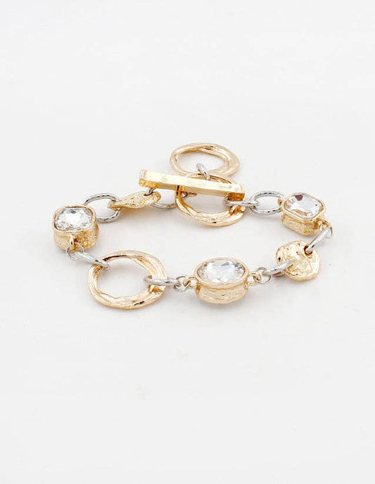 Gold and Silver Textured Open Circles with Clear Stone Bracelet