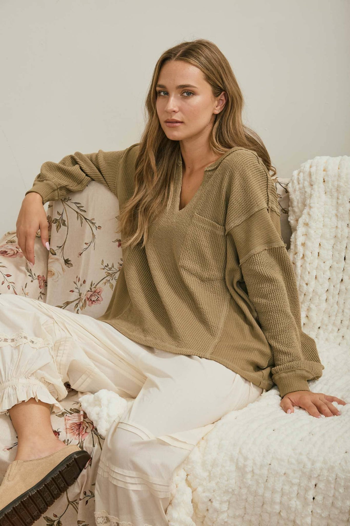Olive Split Neck Top