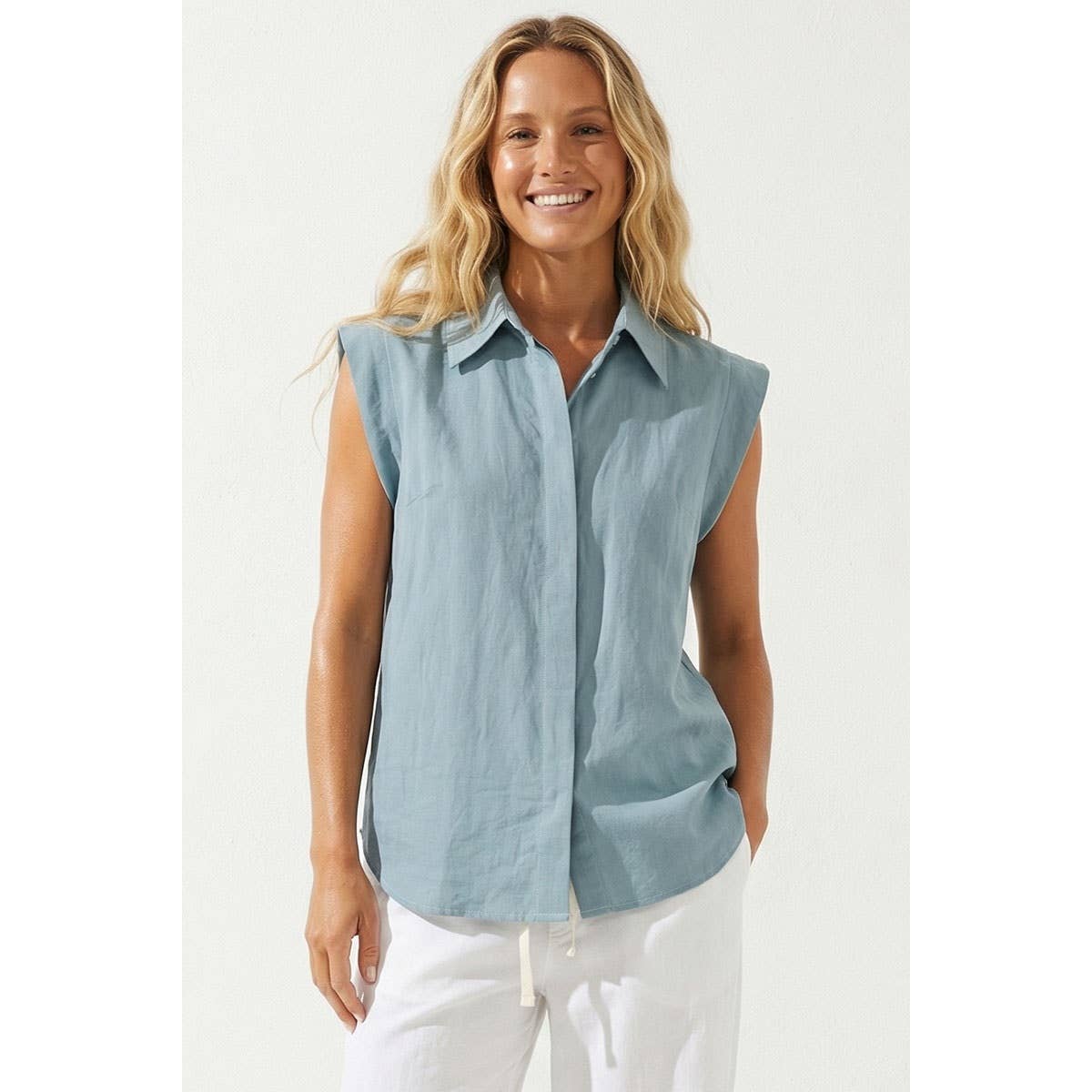 Cap Sleeve Dusty Blue Blouse