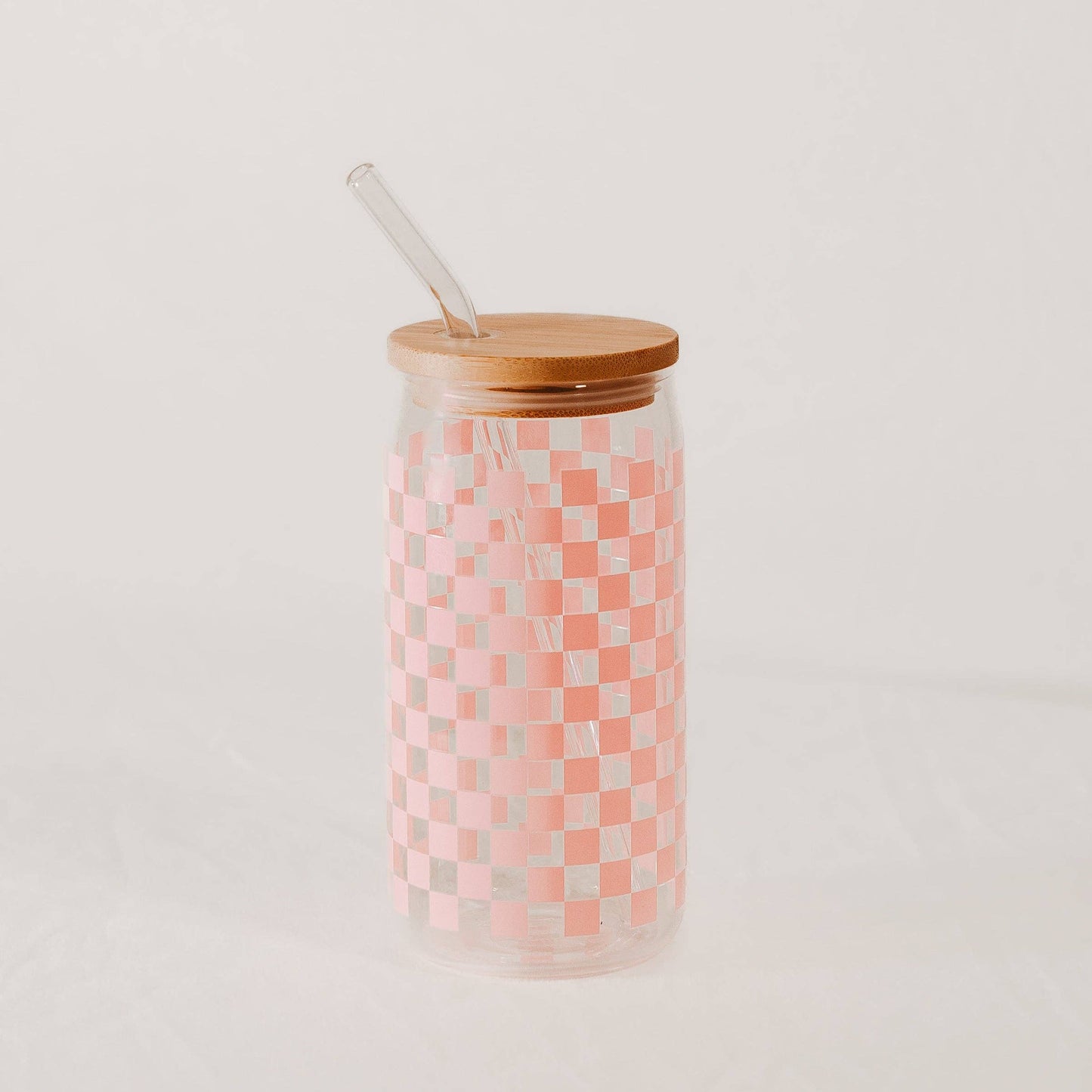Pink Checkered Can Glass w/ Straw and Lid