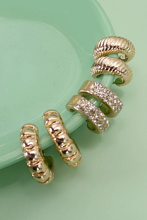 TRIO RHINESTONE TEXTURED HUGGIE HOOP EARRINGS