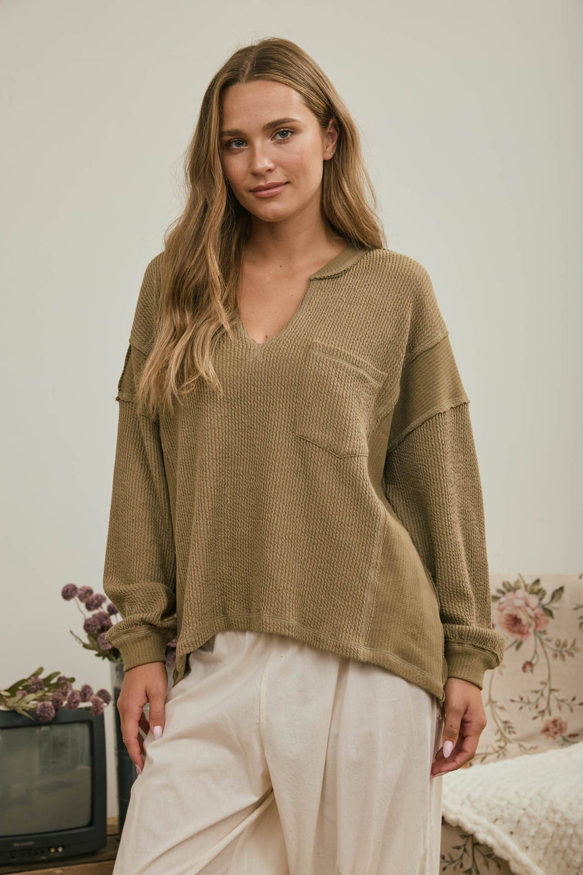 Olive Split Neck Top