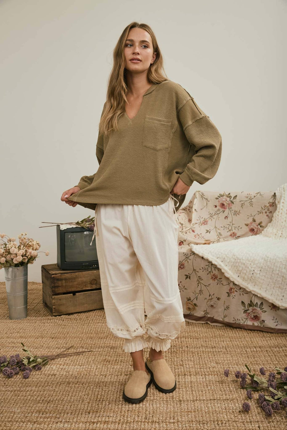 Olive Split Neck Top