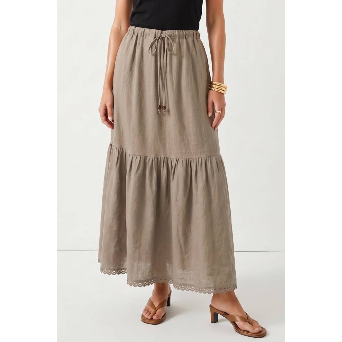 Scallop Hem Tiered Maxi Linen Skirt