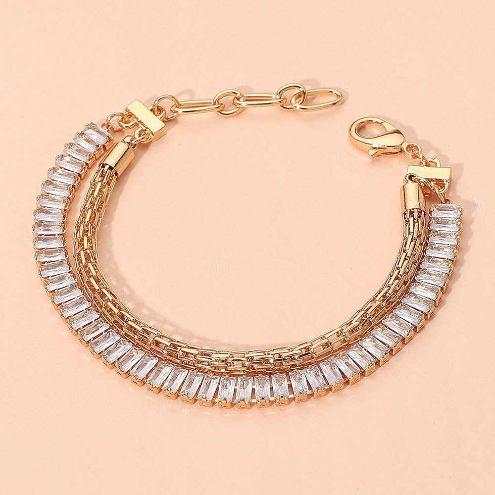 Baguette Stone Mesh Chain Layered Bracelet