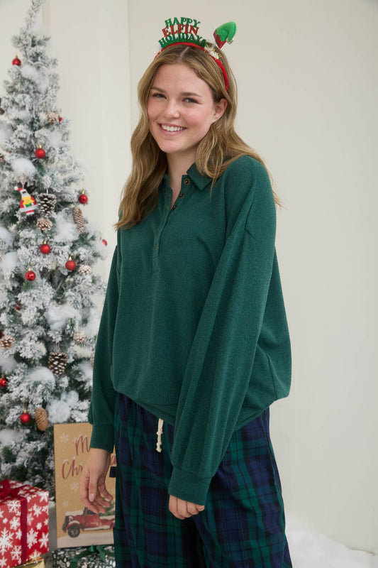 COLLARED HALF SNAP FOREST GREEN